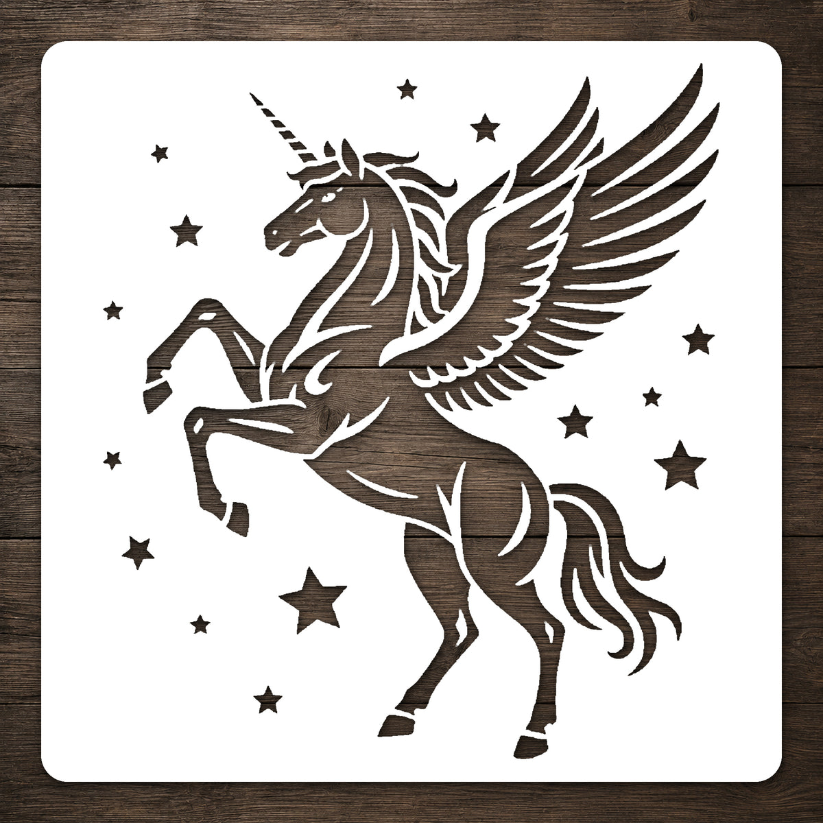 Winged Unicorn Rearing Among Stars Full-Figure Mylar Stencil for Art and Crafts Template