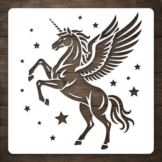 Winged Unicorn Rearing Among Stars Full-Figure Mylar Stencil for Art and Crafts Template