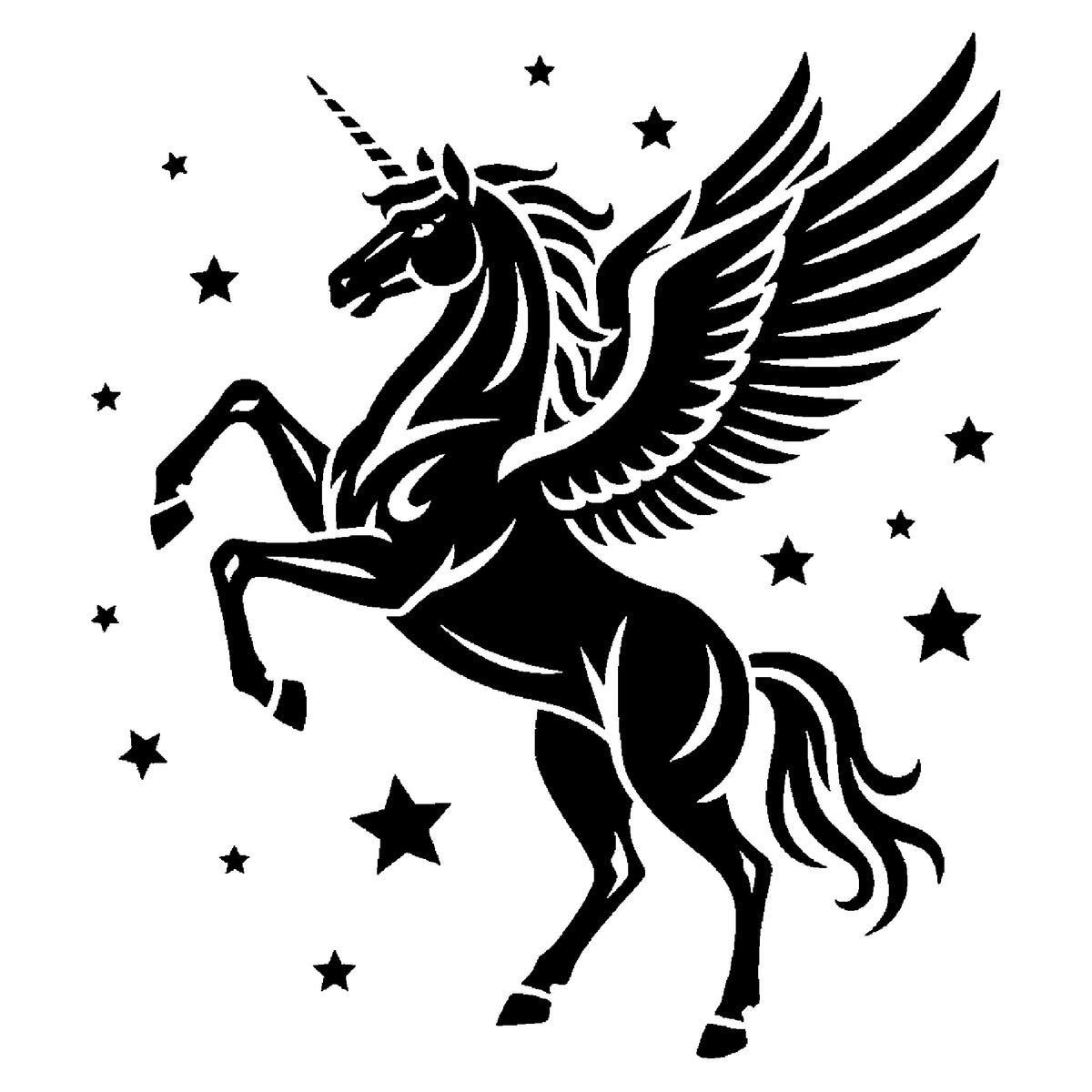 Winged Unicorn Rearing Among Stars Full-Figure Mylar Stencil for Art and Crafts Template