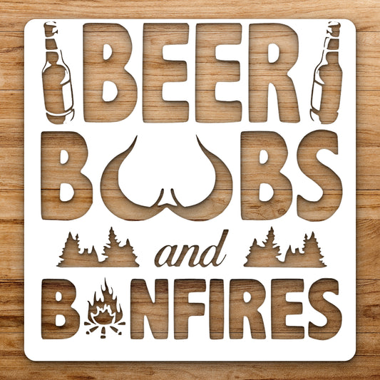 Displaying Beer Bobs And Bonfires Of reusable Mylar wall painting stencil