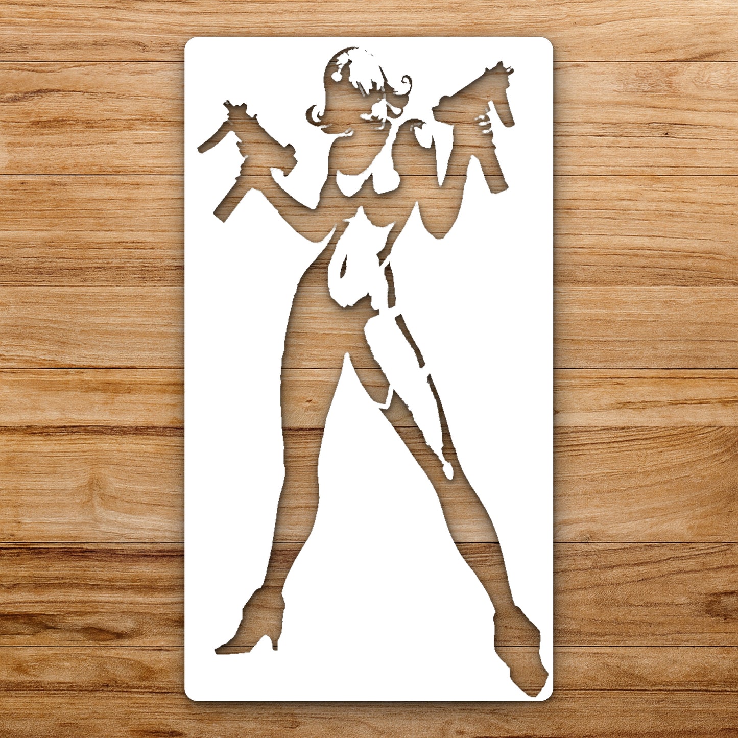 Female Figure Holding Two Guns In reusable Mylar wall painting stencil