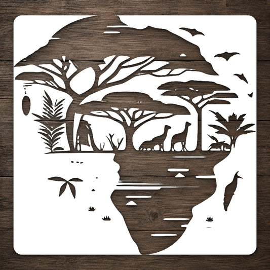 Africa Shaped Landscape with Animals Reusable Mylar Stencil for Art and DIY Crafts Template