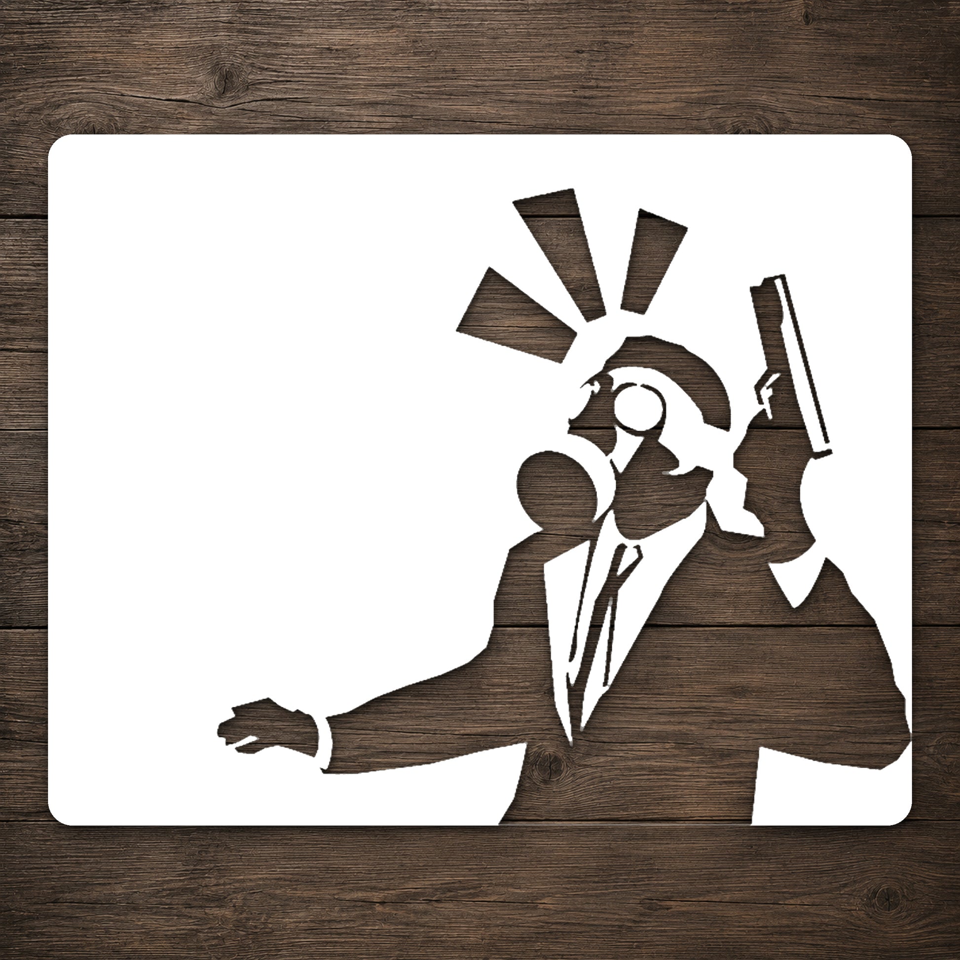 Man in Suit Holding Gun with Gas Mask Reusable Mylar Stencil for DIY Art and Home Decor Template