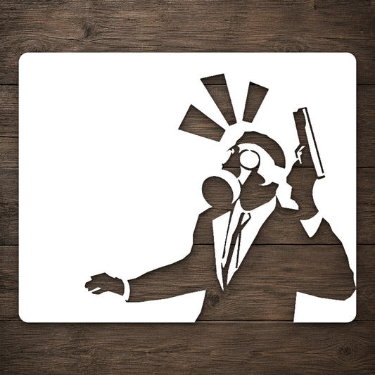 Man in Suit Holding Gun with Gas Mask Reusable Mylar Stencil for DIY Art and Home Decor Template