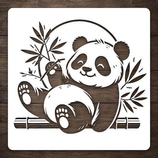 Happy Panda Sitting with Bamboo Reusable Mylar Stencil for Art and DIY Crafts Template