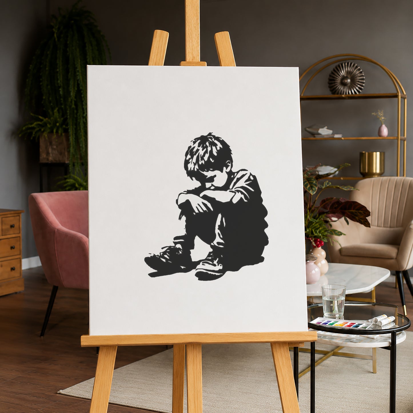 Sad Boy Sitting with Head Down Reusable Mylar Stencil for Art and DIY Crafts Template