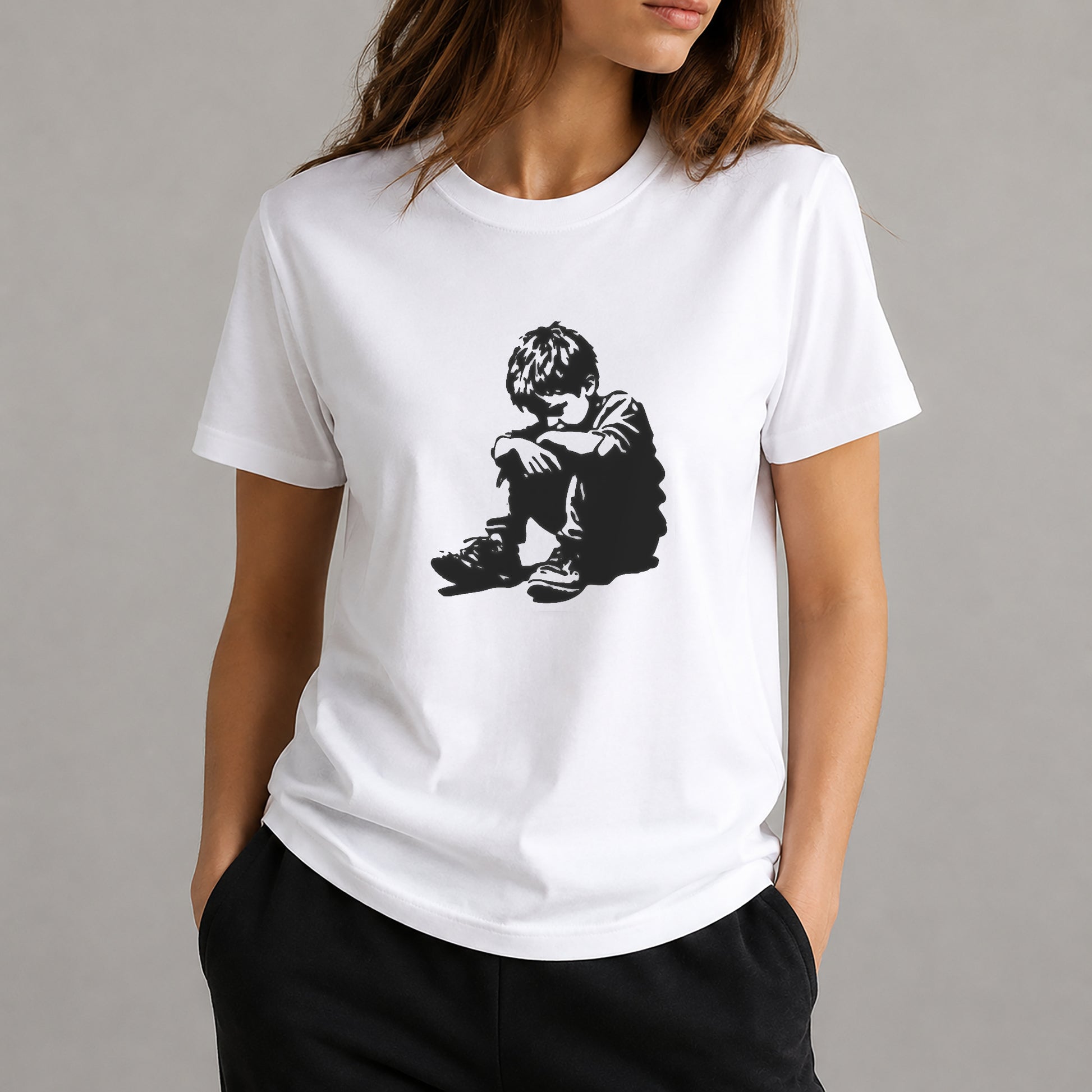 Sad Boy Sitting with Head Down Reusable Mylar Stencil for Art and DIY Crafts Template
