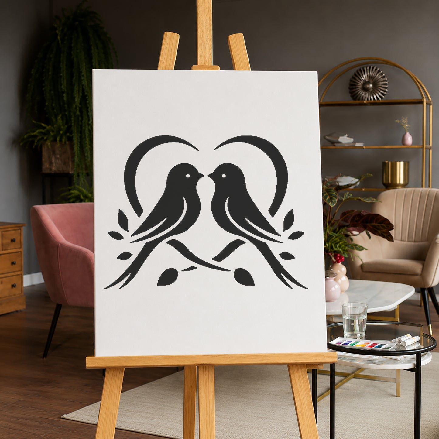 Two Birds Facing Each Other Reusable Mylar Stencil for Art and DIY Crafts Template
