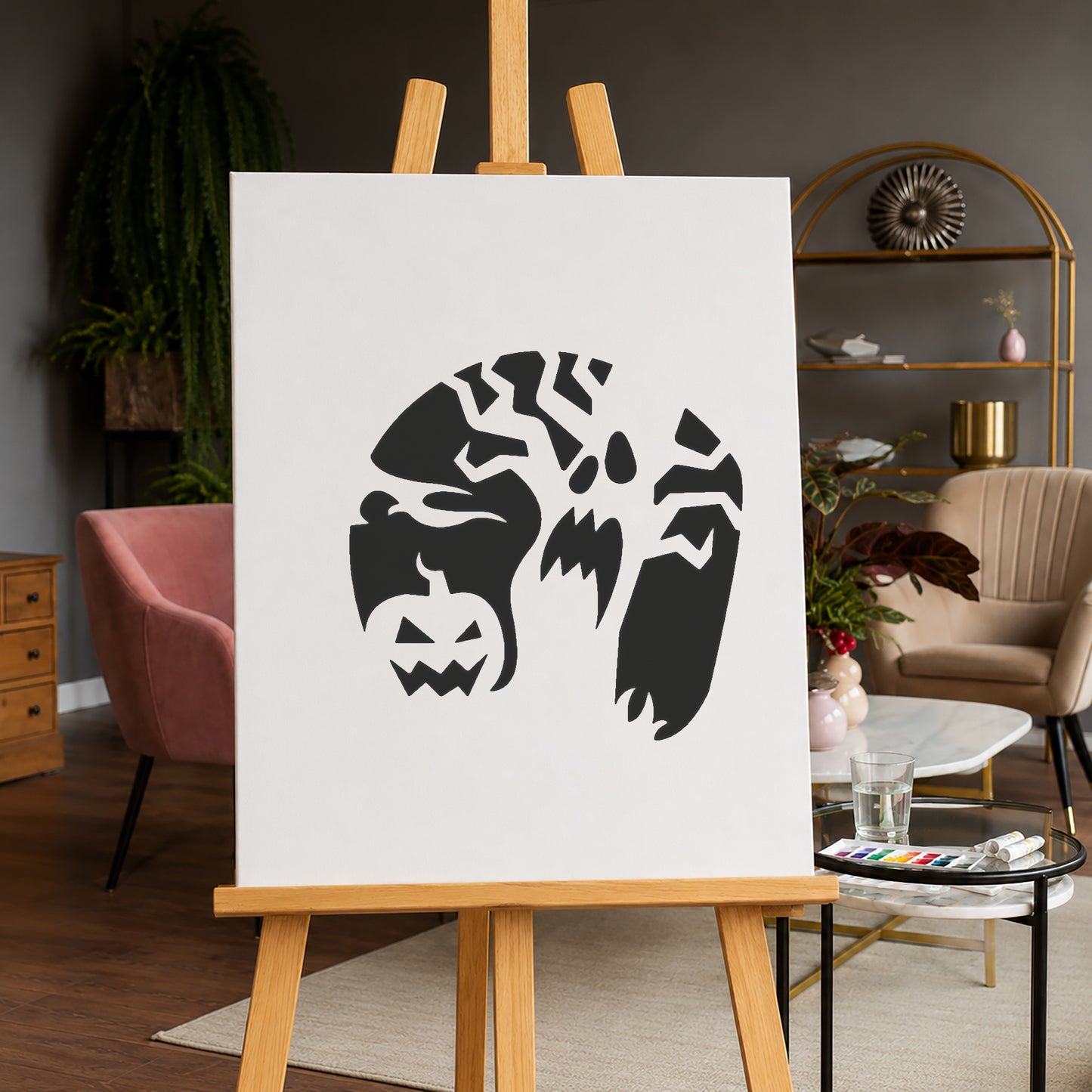 Creepy Pumpkin with Ghost Face Reusable Mylar Stencil for DIY Crafts and Home Decor Template