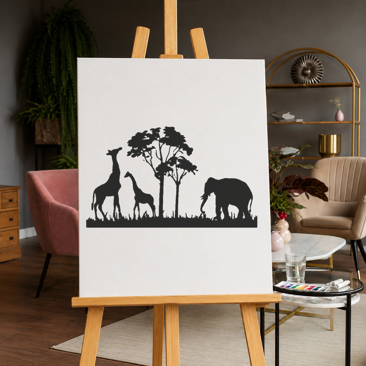 Giraffes and Elephant Near Trees Reusable Mylar Stencil for Art and DIY Crafts Template