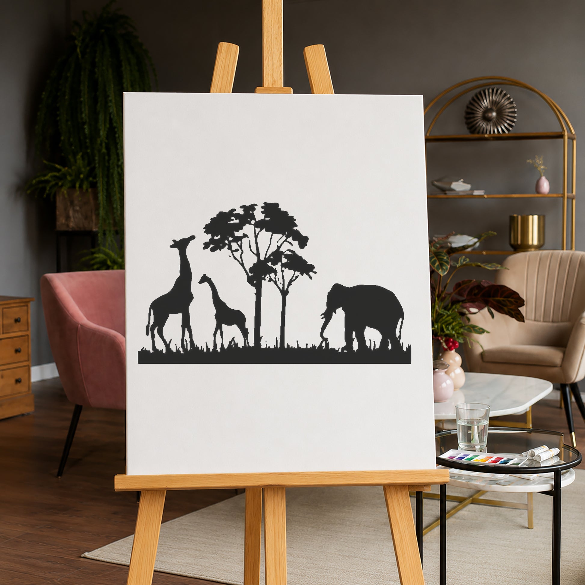 Giraffes and Elephant Near Trees Reusable Mylar Stencil for Art and DIY Crafts Template