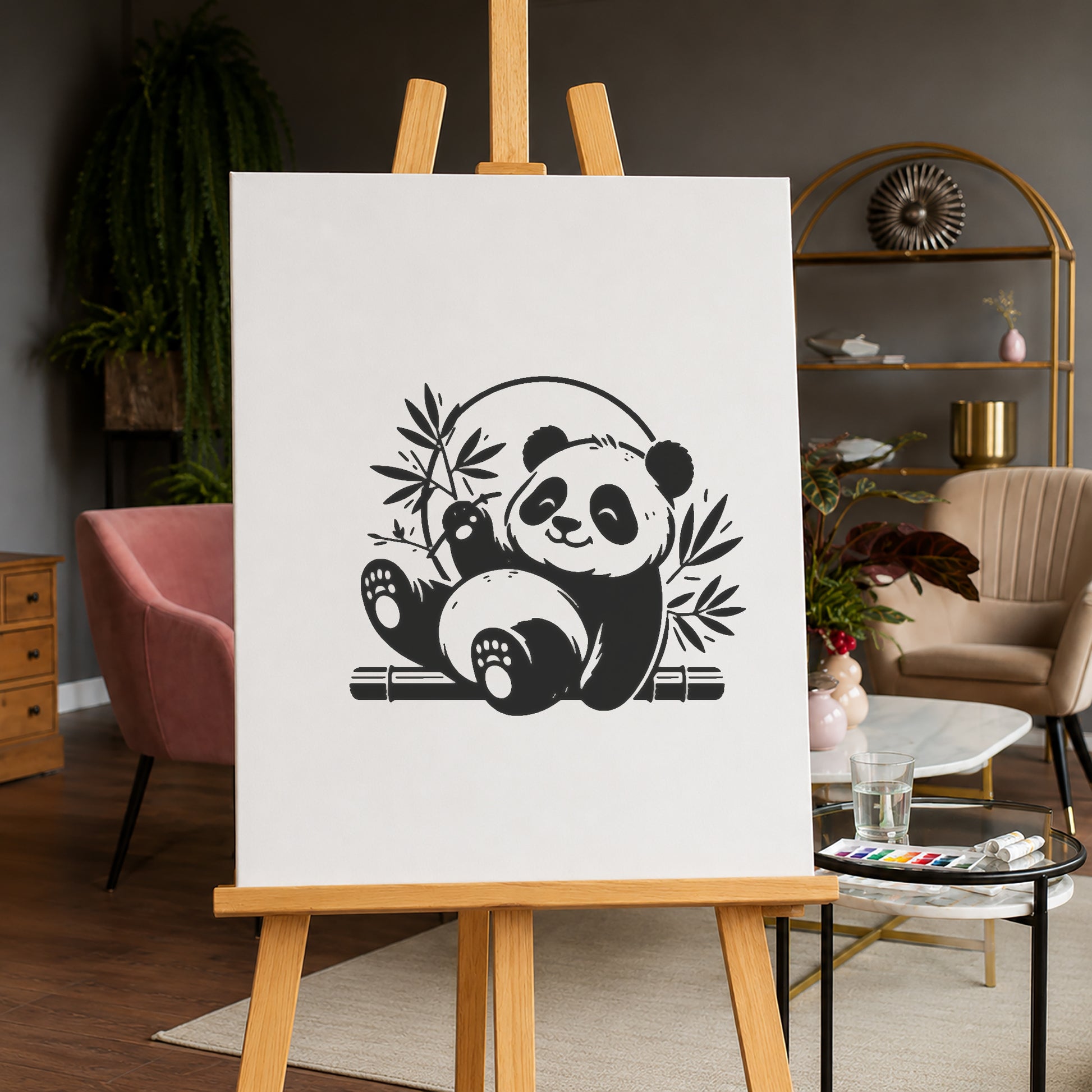 Happy Panda Sitting with Bamboo Reusable Mylar Stencil for Art and DIY Crafts Template