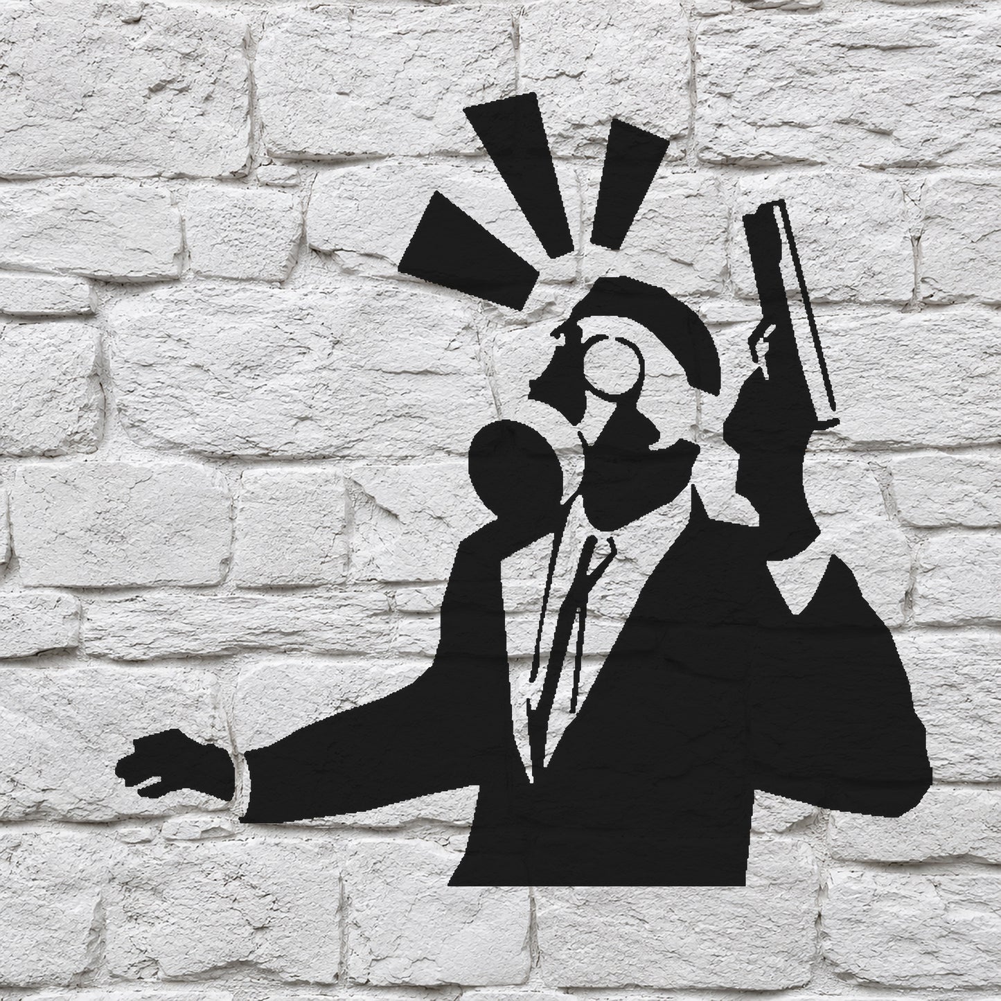 Man in Suit Holding Gun with Gas Mask Reusable Mylar Stencil for DIY Art and Home Decor Template