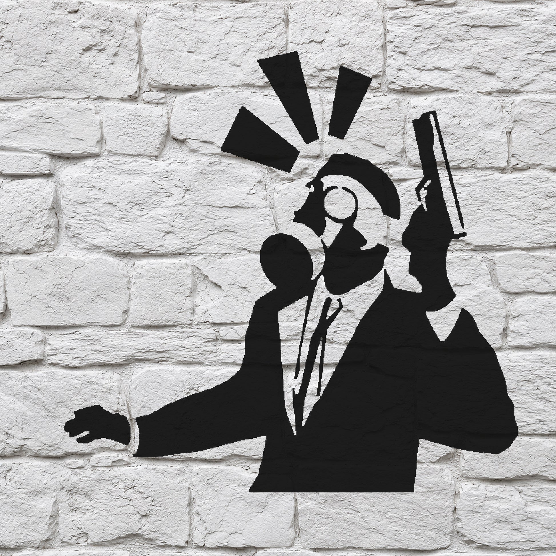Man in Suit Holding Gun with Gas Mask Reusable Mylar Stencil for DIY Art and Home Decor Template