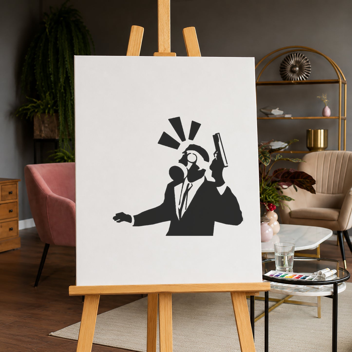 Man in Suit Holding Gun with Gas Mask Reusable Mylar Stencil for DIY Art and Home Decor Template