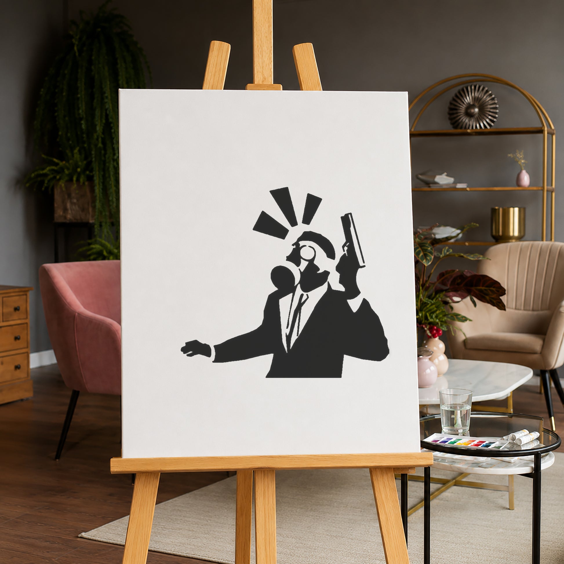 Man in Suit Holding Gun with Gas Mask Reusable Mylar Stencil for DIY Art and Home Decor Template