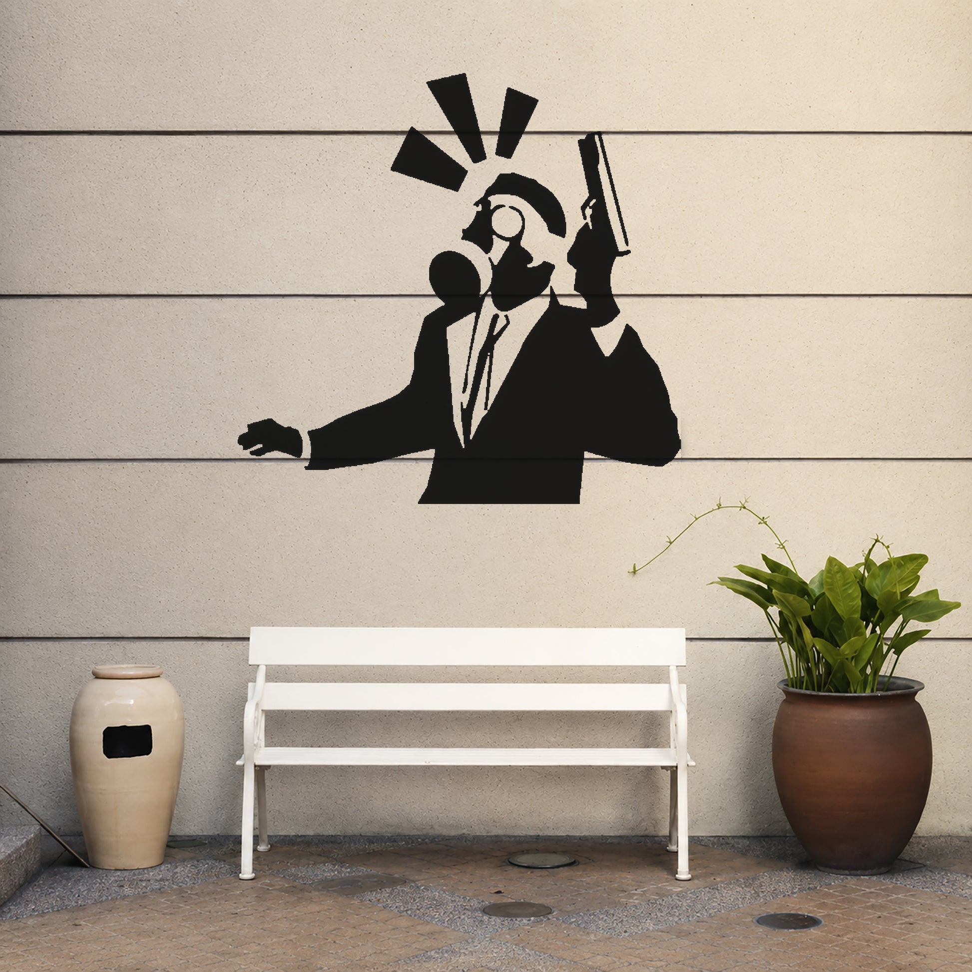 Man in Suit Holding Gun with Gas Mask Reusable Mylar Stencil for DIY Art and Home Decor Template