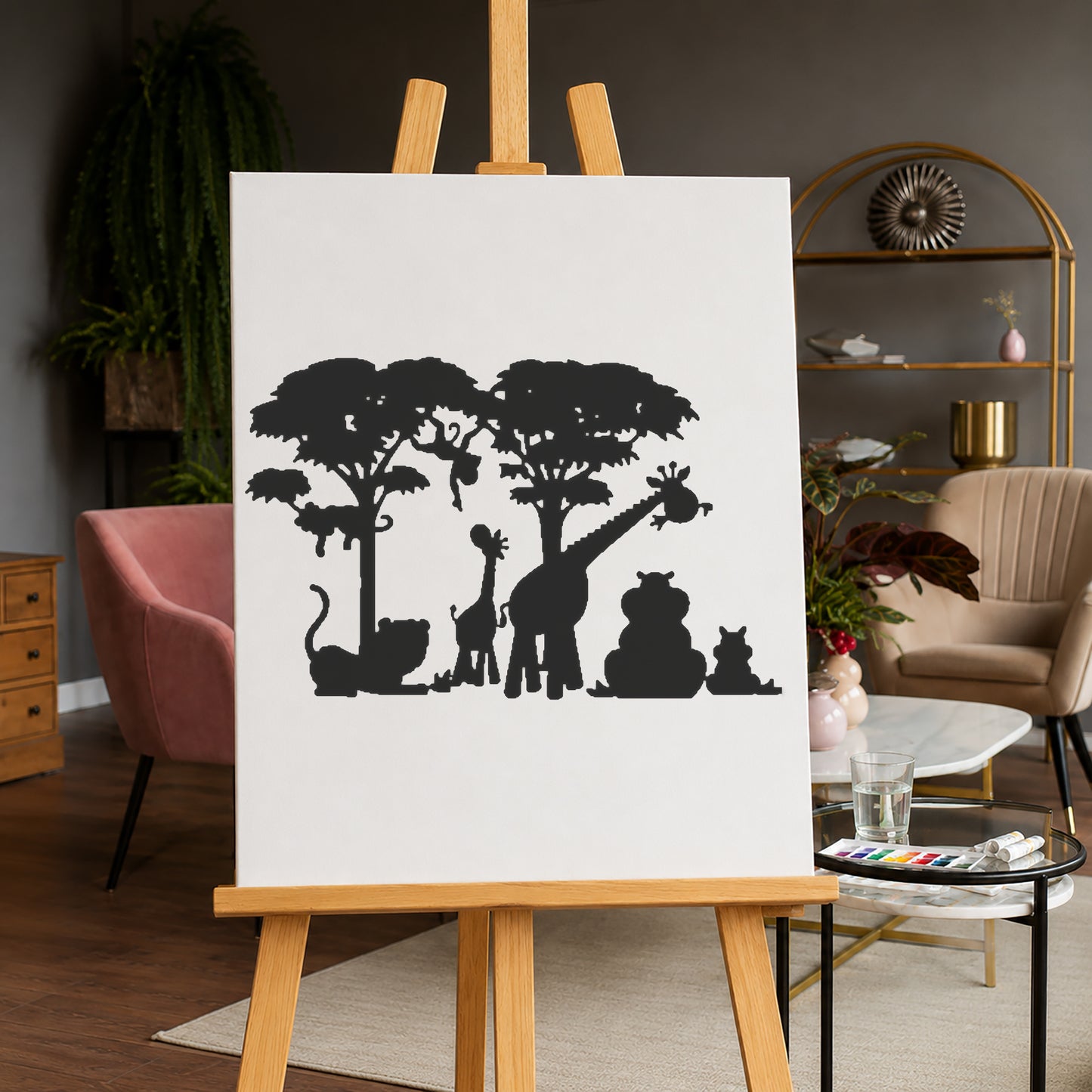 Wildlife Scene Stencil with Giraffe and Lion for Art, Home Decor, and DIY Crafts Template