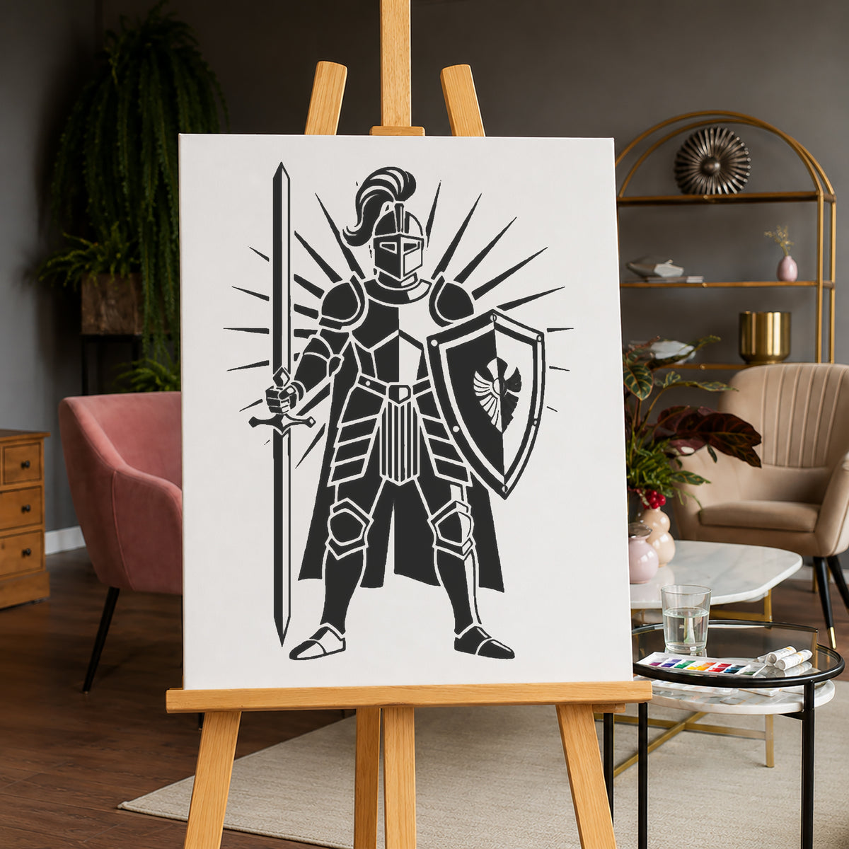 Armored Knight Standing With Sword And Shield Stencil for Art and DIY Crafts Template