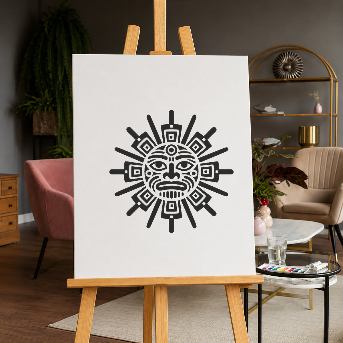 Aztec Sun Deity Radial Geometric Emblem Reusable Mylar Stencil Template