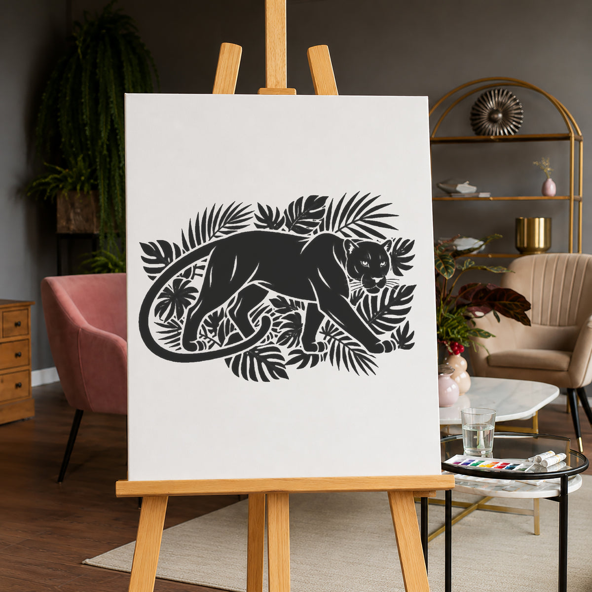 Black Panther Stencil - Jungle Leaves Design for Art, Home Decor & DIY Crafts Template