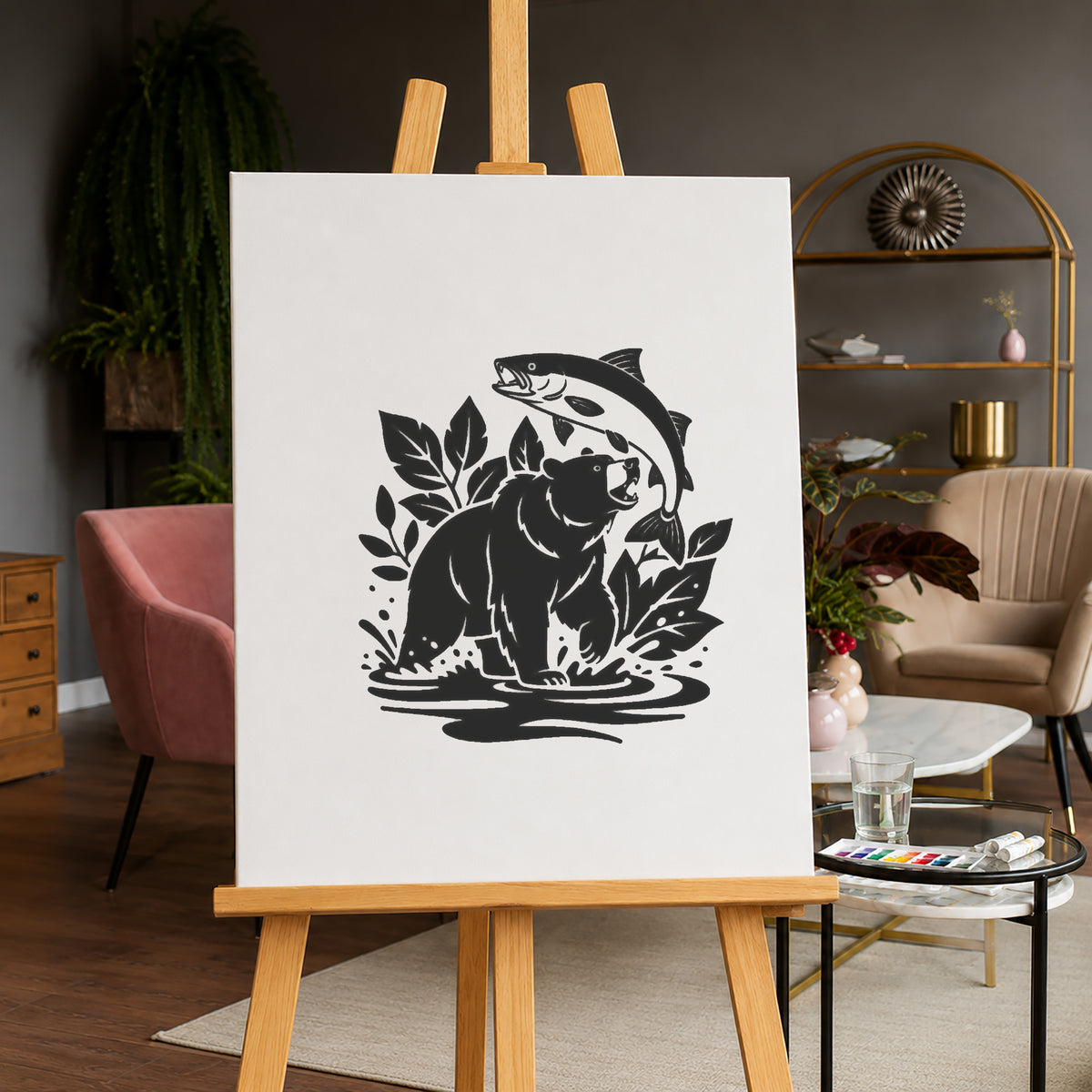 Brown Bear Catching Salmon Stencil for DIY Art and Home Decor Template