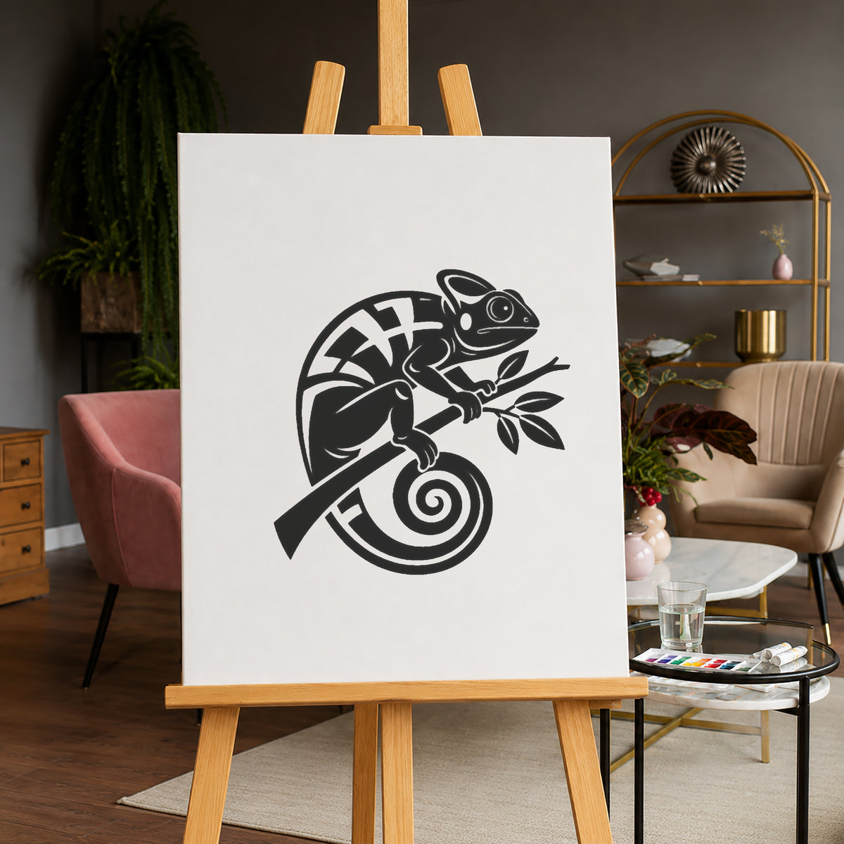 Chameleon Curled Around Tropical Branch Stencil for Art and DIY Crafts Template