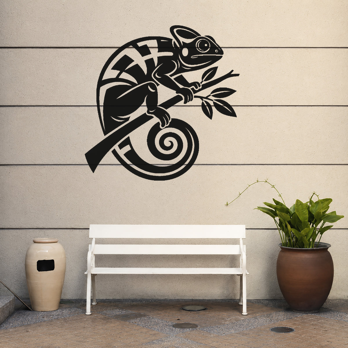 Chameleon Curled Around Tropical Branch Stencil for Art and DIY Crafts Template