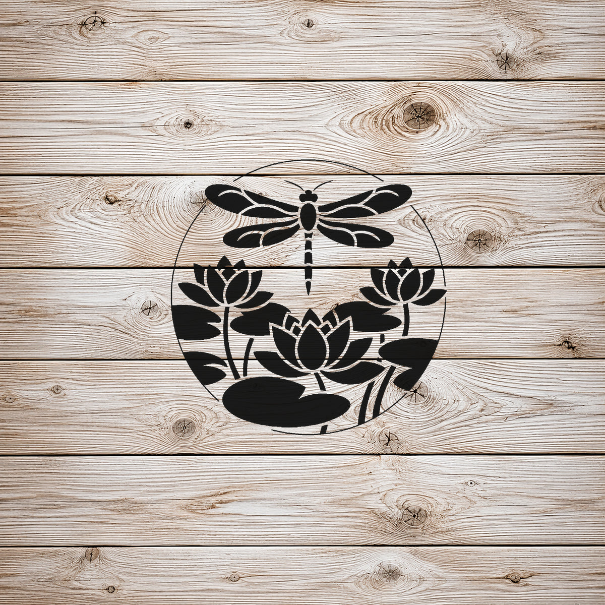 Dragonfly Above Water Lilies Circular Badge Stencil for Art & DIY Crafts Template