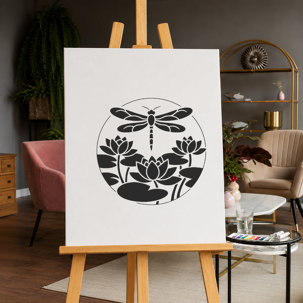 Dragonfly Above Water Lilies Circular Badge Stencil for Art & DIY Crafts Template