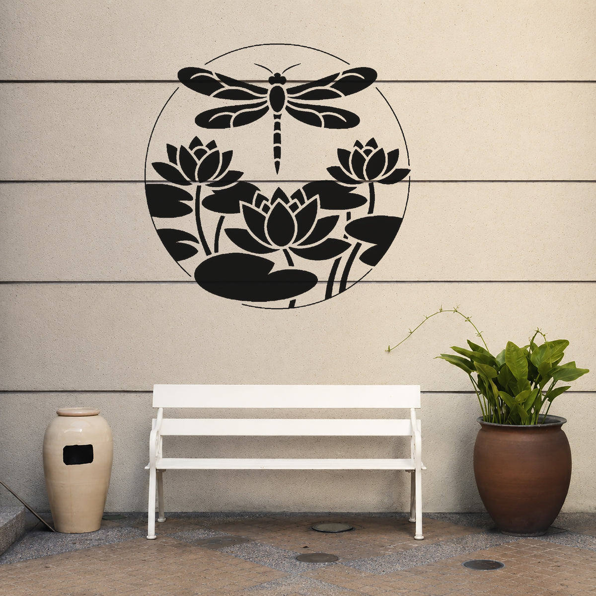 Dragonfly Above Water Lilies Circular Badge Stencil for Art & DIY Crafts Template