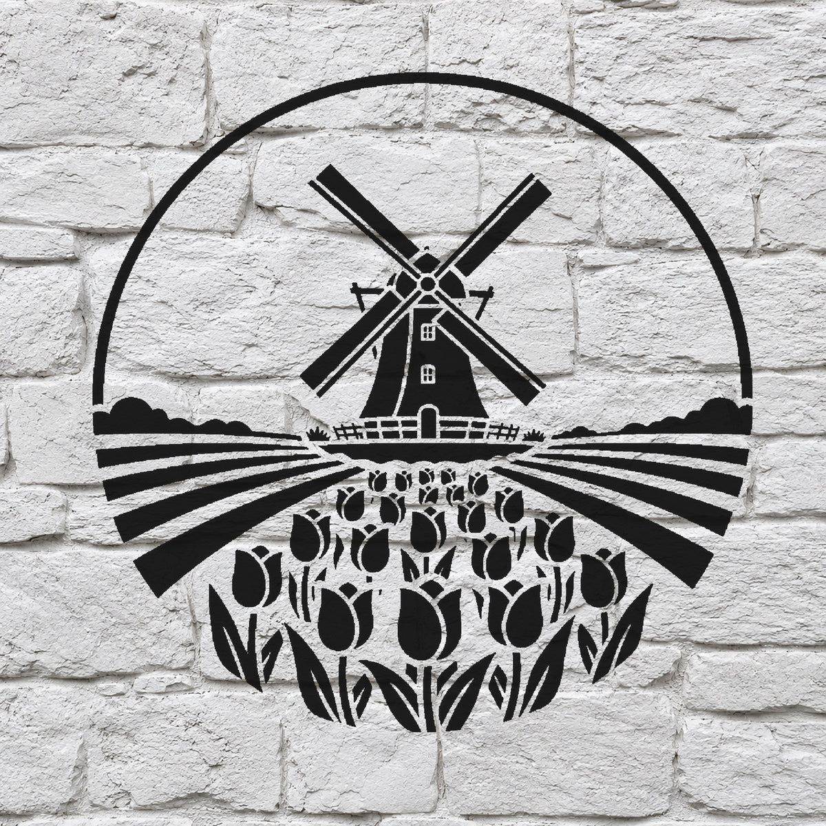 Dutch Windmill and Tulip Fields Circular Badge-Style Reusable Stencil for DIY Crafts Template