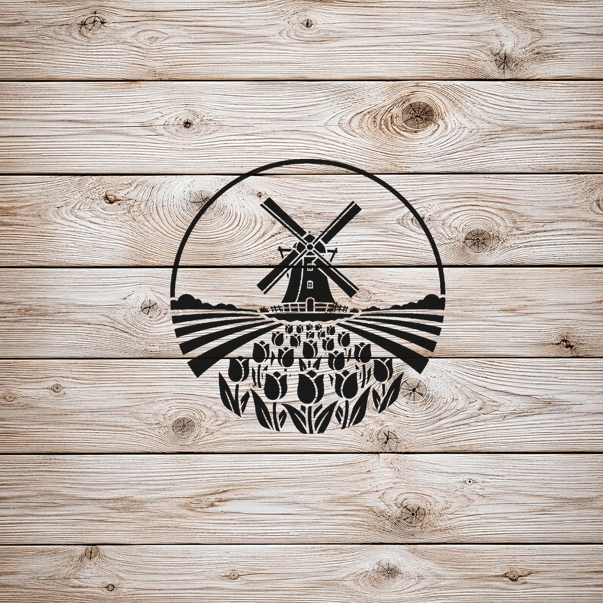 Dutch Windmill and Tulip Fields Circular Badge-Style Reusable Stencil for DIY Crafts Template