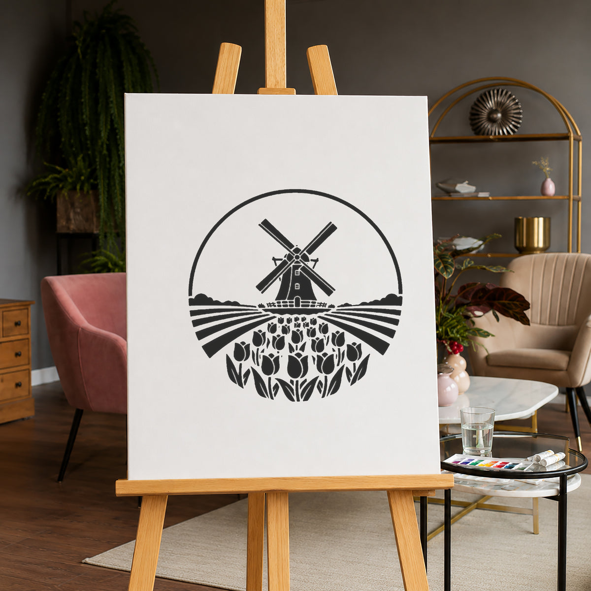 Dutch Windmill and Tulip Fields Circular Badge-Style Reusable Stencil for DIY Crafts Template