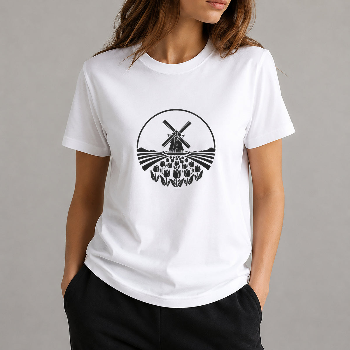 Dutch Windmill and Tulip Fields Circular Badge-Style Reusable Stencil for DIY Crafts Template