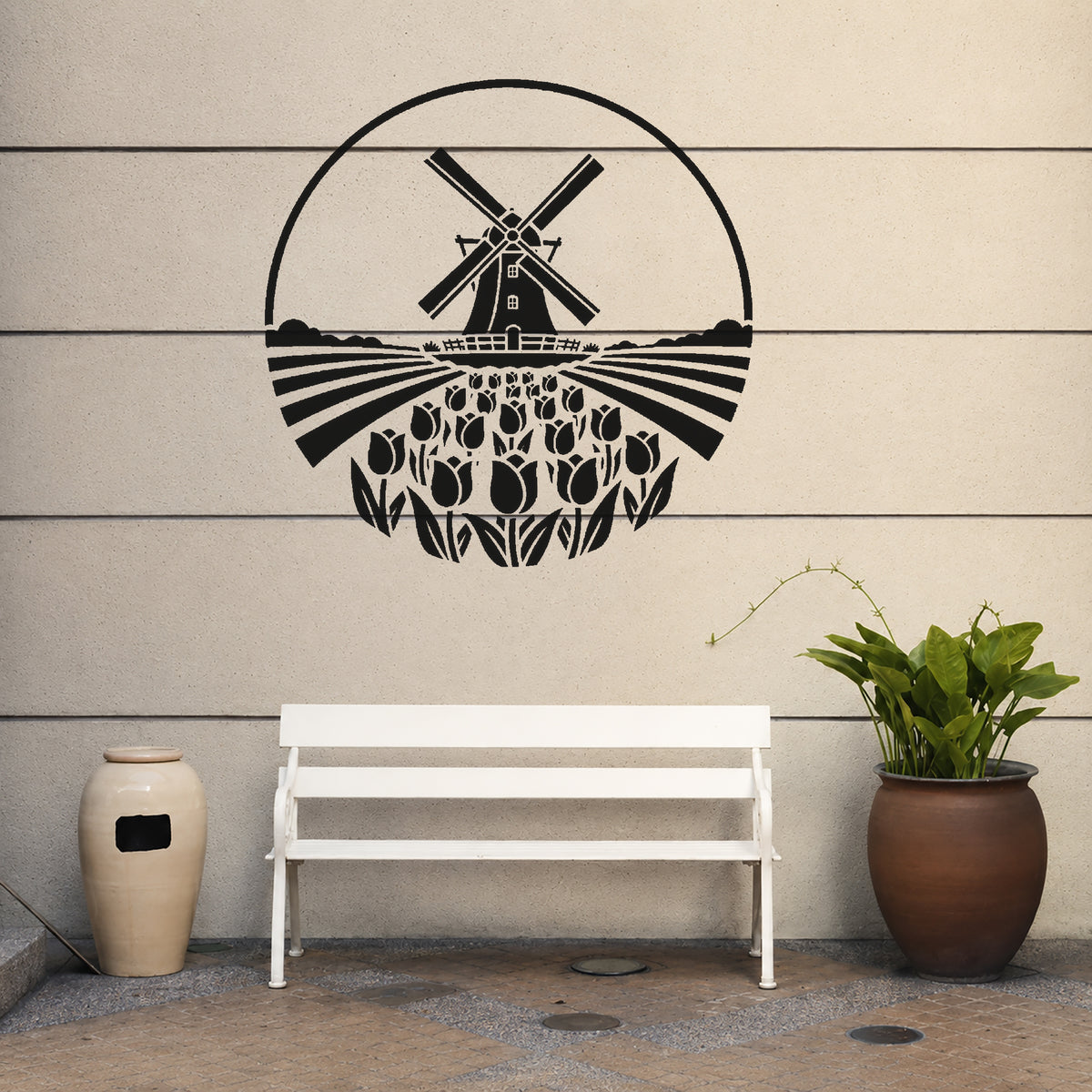 Dutch Windmill and Tulip Fields Circular Badge-Style Reusable Stencil for DIY Crafts Template
