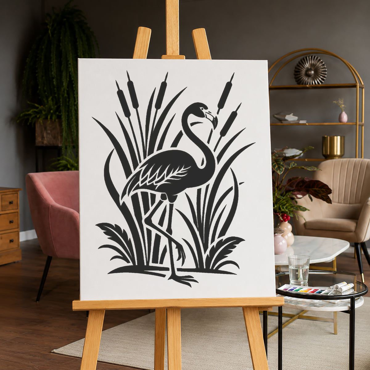 Flamingo Standing Among Tropical Reeds Stencil for Art & Home Decor Template