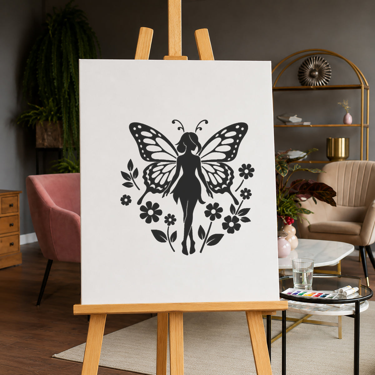Forest Fairy Stencil with Butterfly Wings and Flowers for Art and DIY Crafts Template