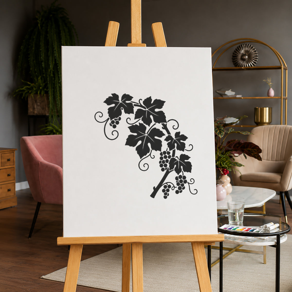 Grapevine Stencil with Curling Tendrils and Fruit Clusters for Art and DIY Crafts Template