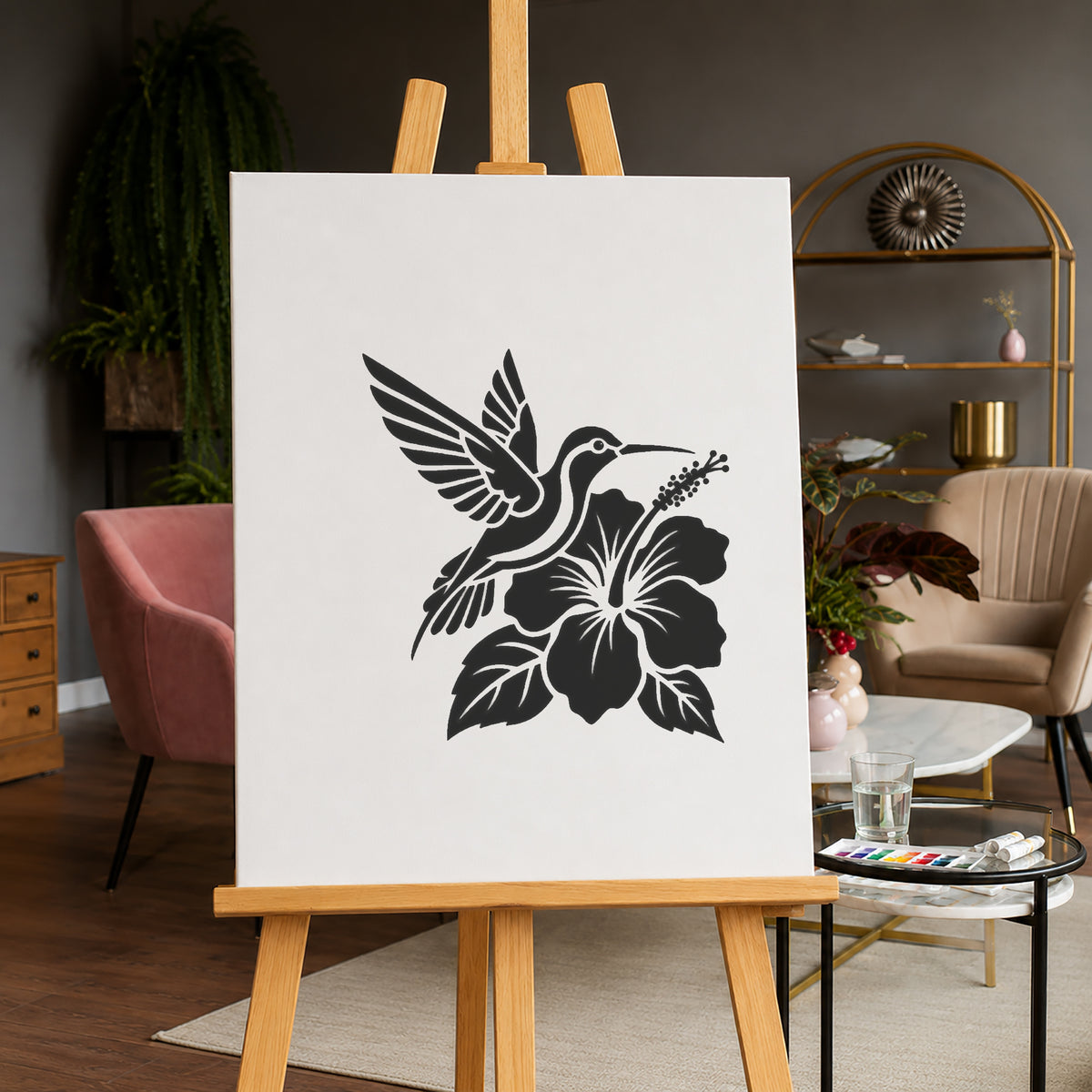 Hummingbird and Hibiscus Flower Reusable Stencil for Art and DIY Crafts Template