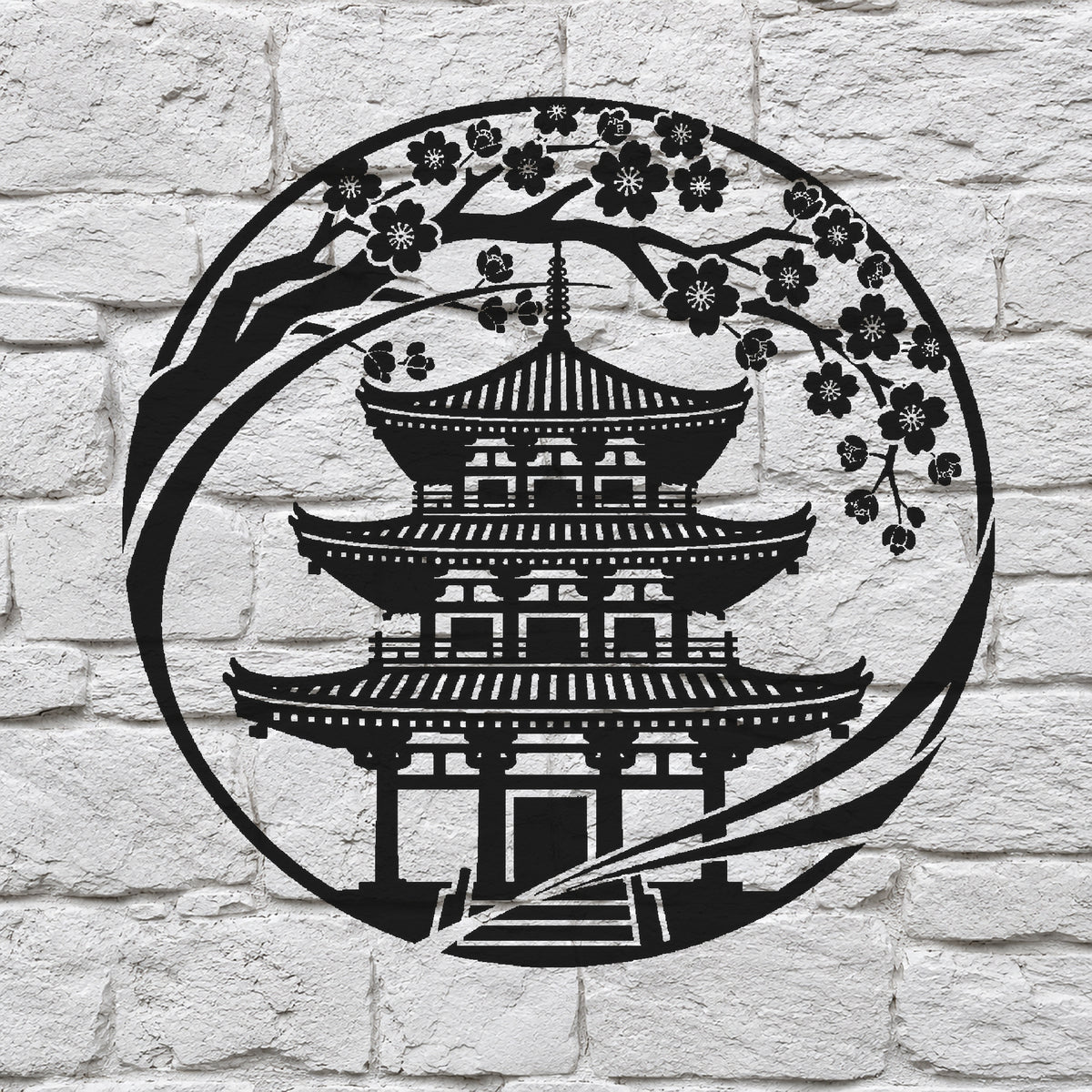 Japanese Pagoda Cherry Blossom Circular Badge Stencil for Art & DIY Crafts Template