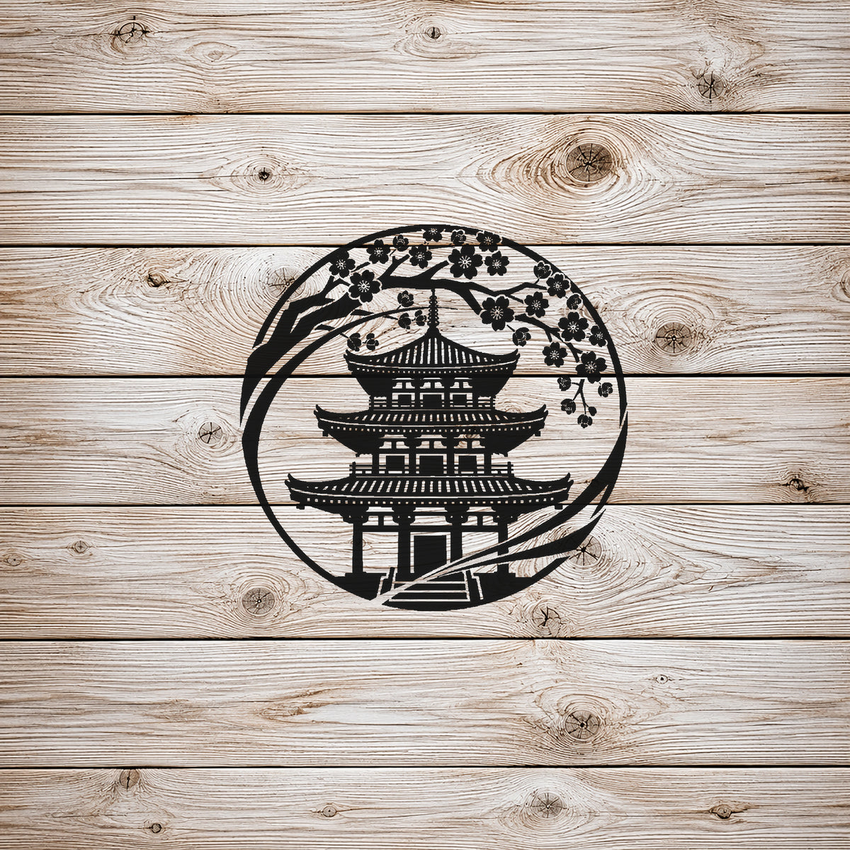 Japanese Pagoda Cherry Blossom Circular Badge Stencil for Art & DIY Crafts Template