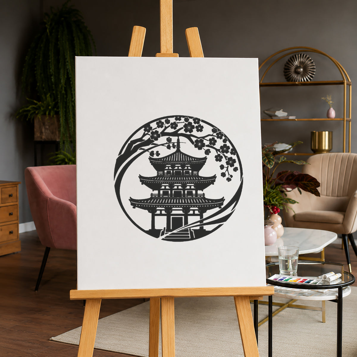 Japanese Pagoda Cherry Blossom Circular Badge Stencil for Art & DIY Crafts Template