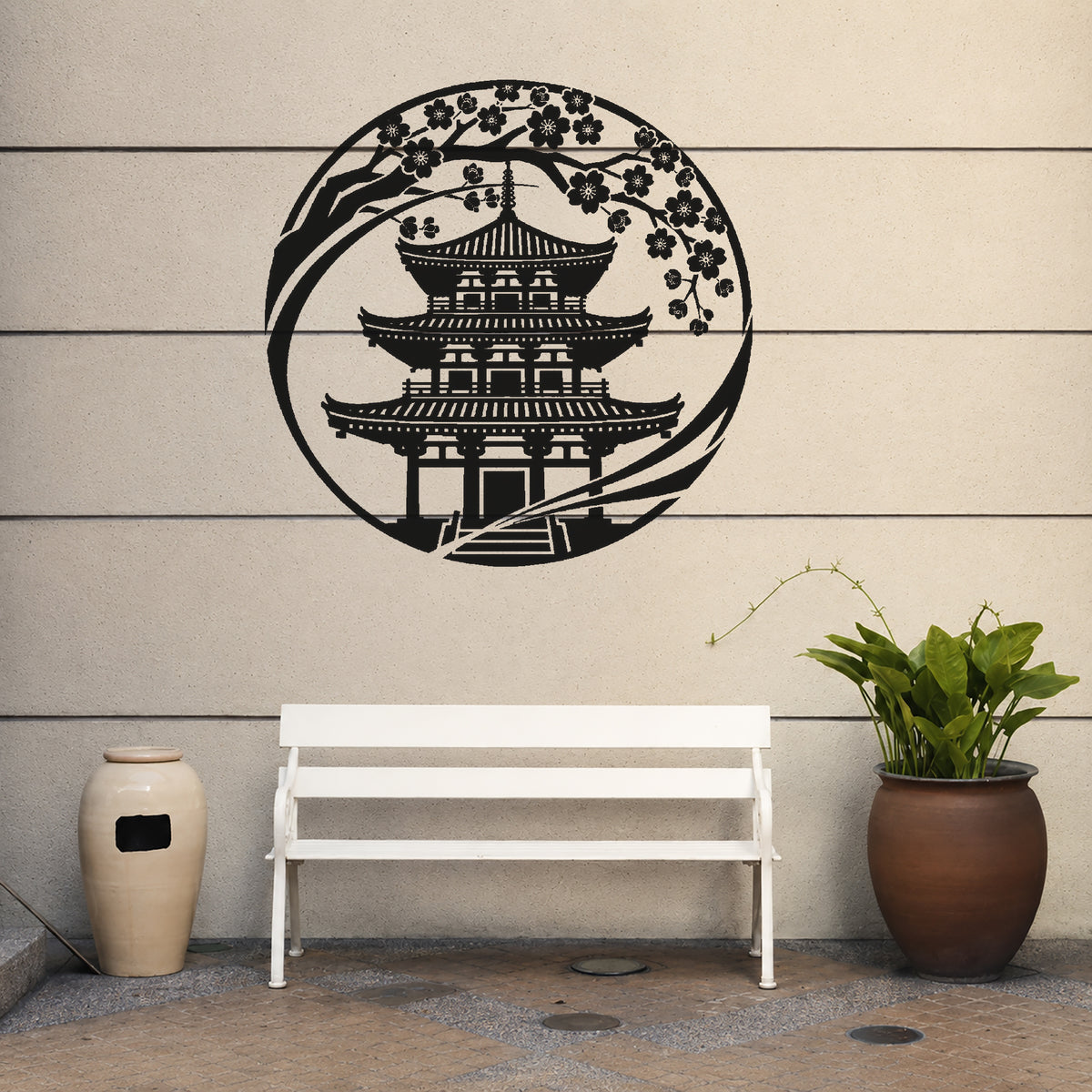 Japanese Pagoda Cherry Blossom Circular Badge Stencil for Art & DIY Crafts Template