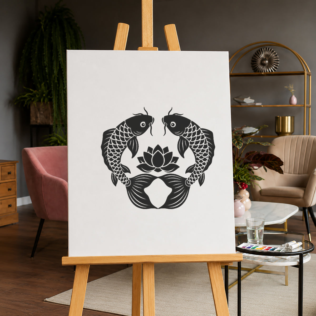 Koi Fish Pair Stencil with Lotus Blossoms for Art and DIY Crafts Template