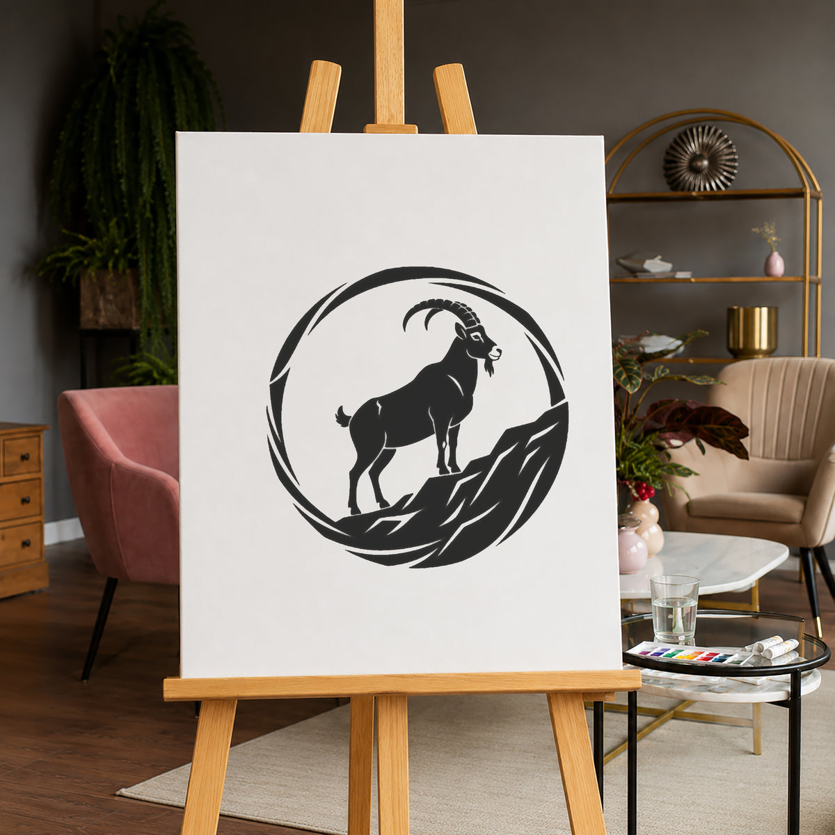 Mountain Goat Standing On A Steep Cliff Circular Mylar Stencil for Art and DIY Crafts Template