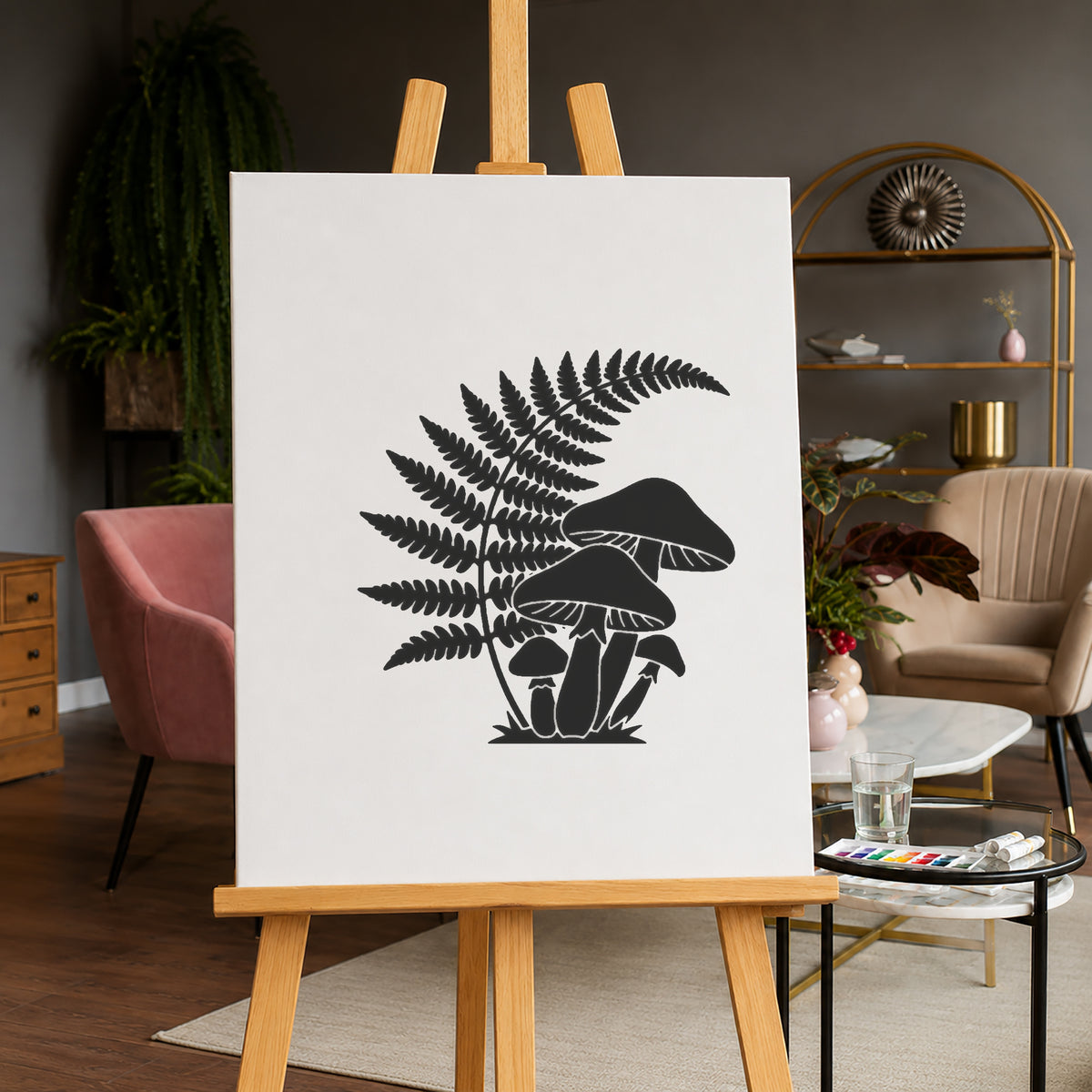 Mushroom Cluster Woodland Ferns Stencil for Art, Home Decor & DIY Crafts Template