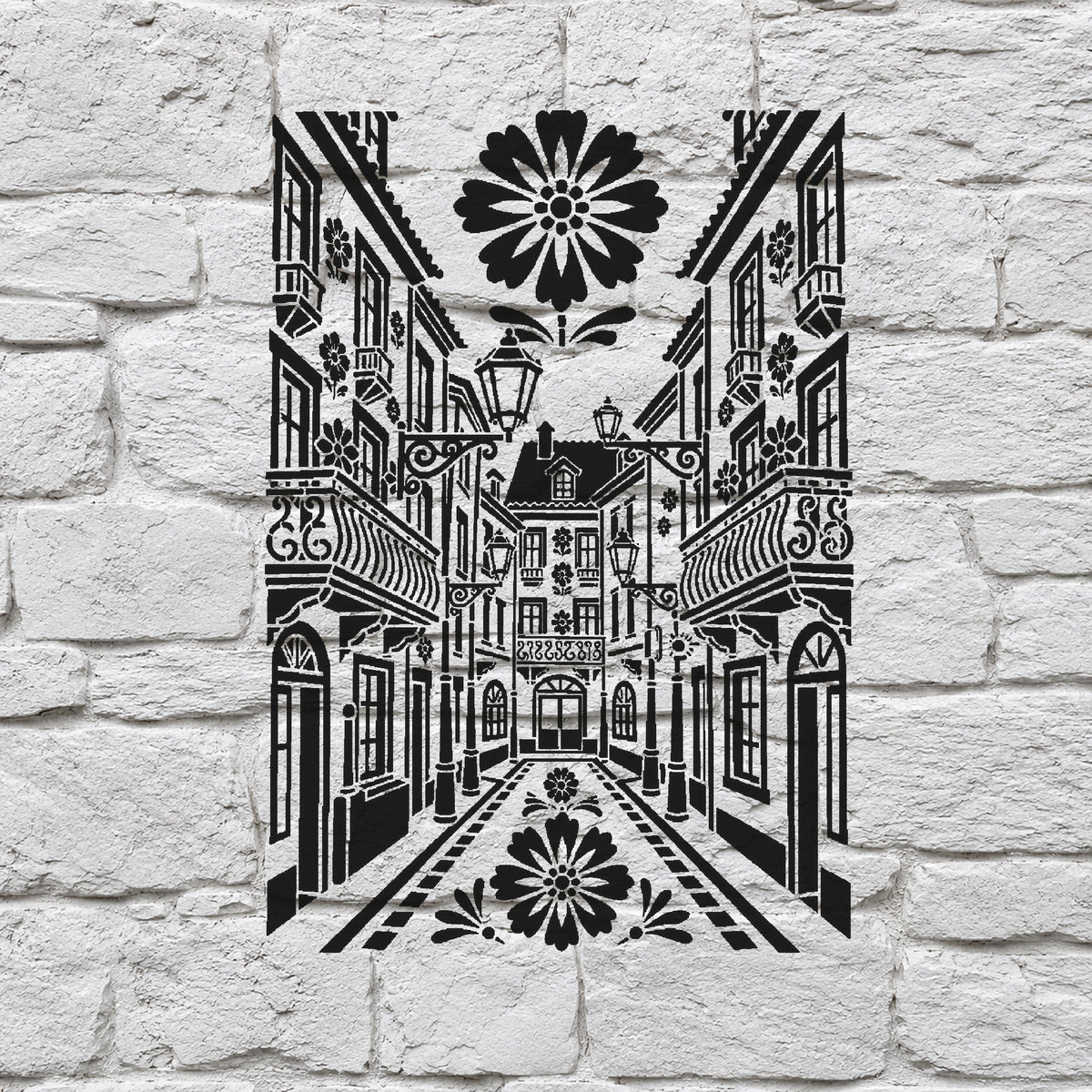Old European Street Stencil with Lamps and Balconies for Art and DIY Crafts Template