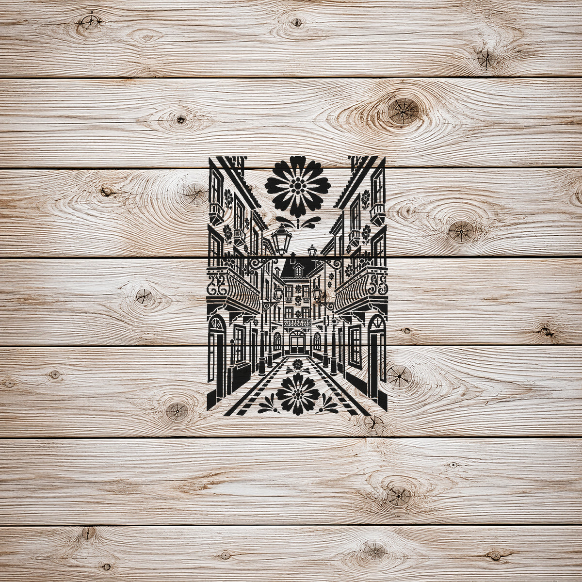 Old European Street Stencil with Lamps and Balconies for Art and DIY Crafts Template
