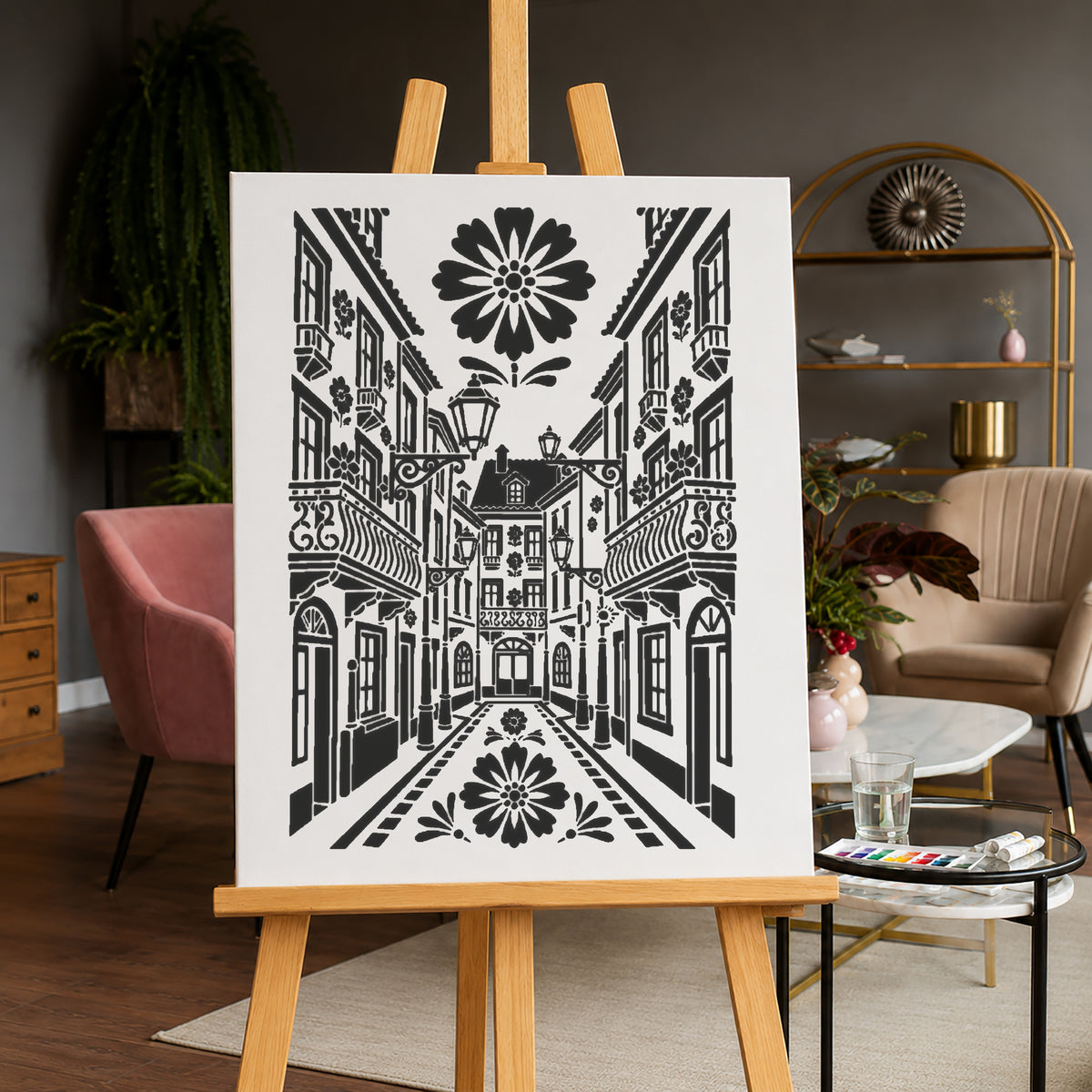 Old European Street Stencil with Lamps and Balconies for Art and DIY Crafts Template